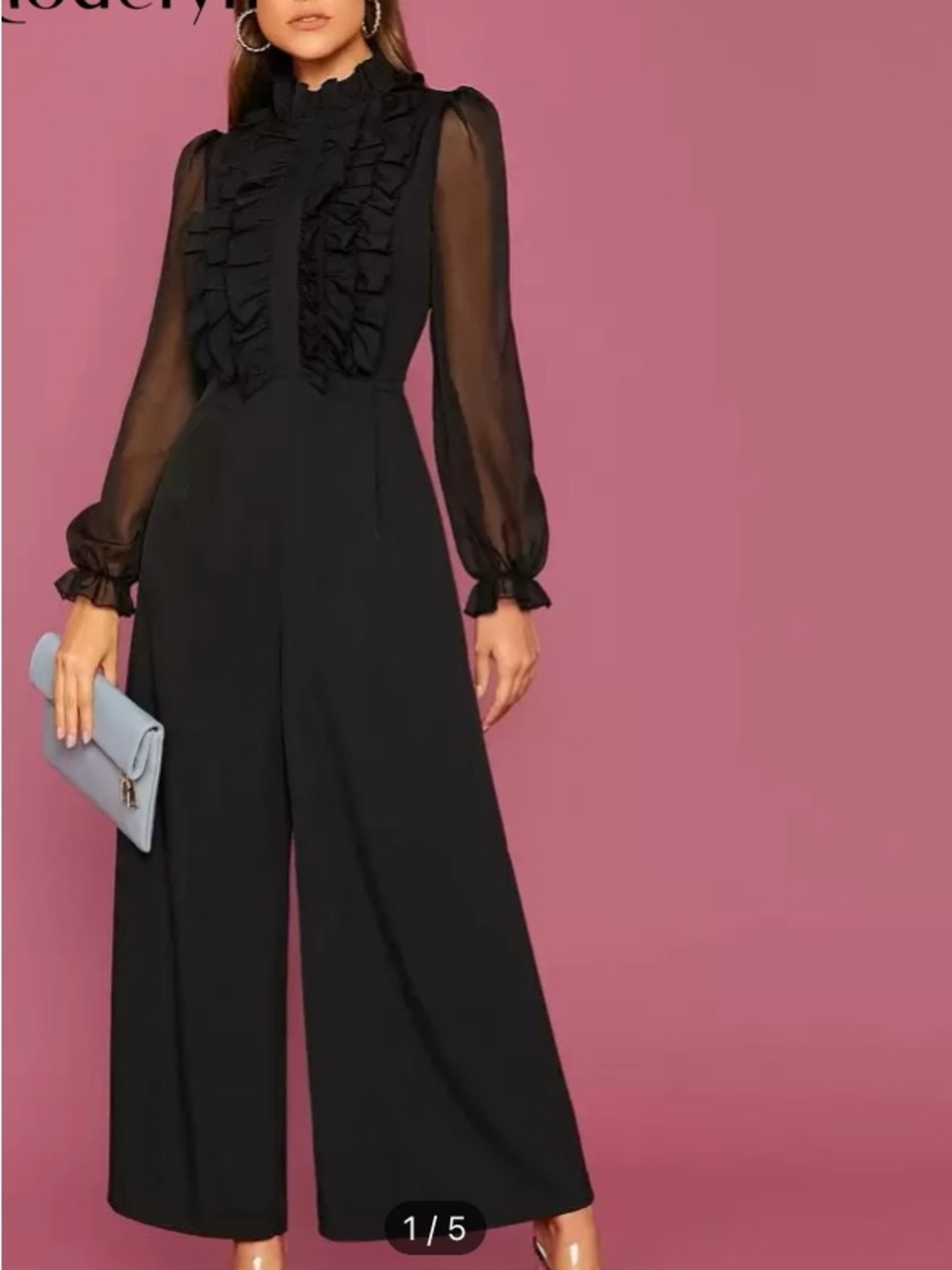 ✨Elegant Black Shear Ruffle Long Sleeves -Wide Leg Jumpsuit✨ - Picture 3 of 5